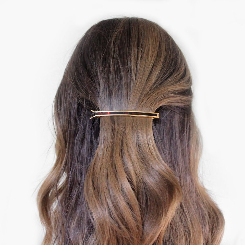 Vintage Hair Barrette Gold Tone Metal Tortoise Inlay Wire Clasp New Old …